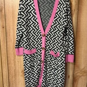 POL Pink and Black Zigzag Women's Sweater Button Up